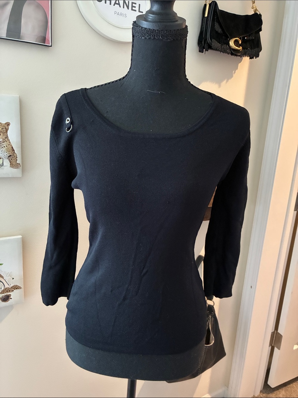 Women's Black Scoop Neck Long Sleeve Top with Shoulder Grommet Detail